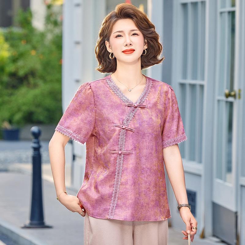 Retro Chinese Style Two-Piece Summer Outfit for Middle-Aged Women (40-60) - Short Sleeve Mother's Day Set
