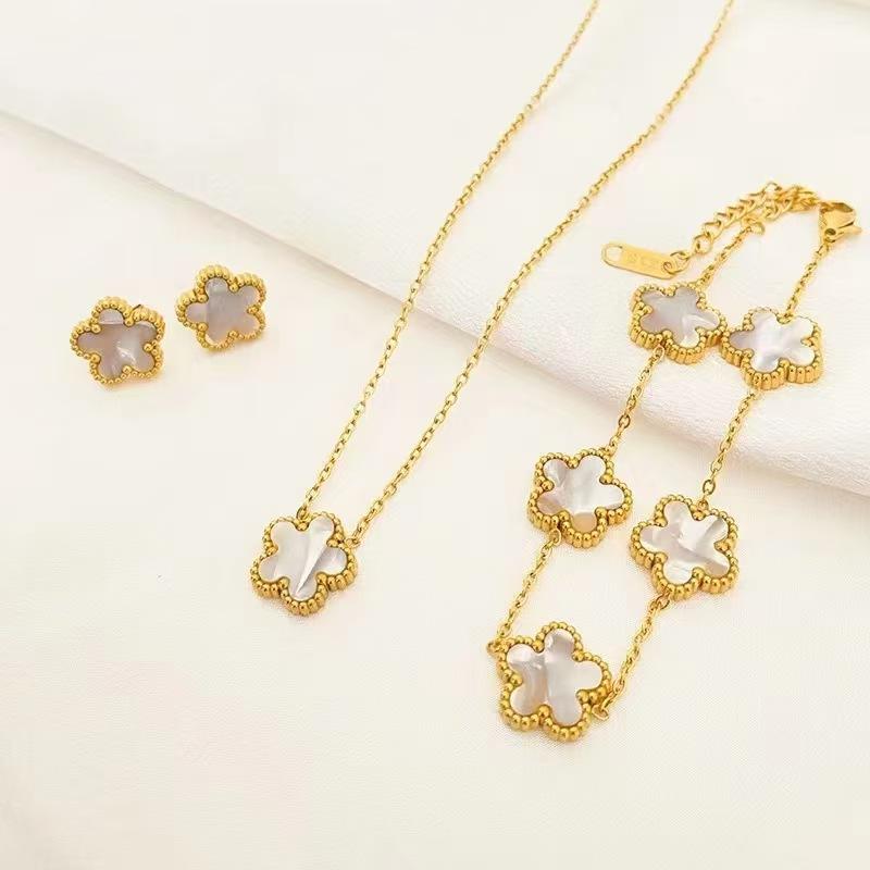 3Pcs Stainless Steel 316L Luxury Plum Blossom Plant Five Leaf Flower Necklace Earrings Bracelet For Women Gift Jewelry Sets