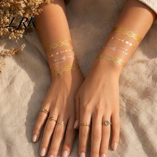Waterproof Fake Tattoo Decals Golden Silver-color Metallic Sticker for Women Girls, Temporary Adult Child Tattoos Face Body Arm Decoration,