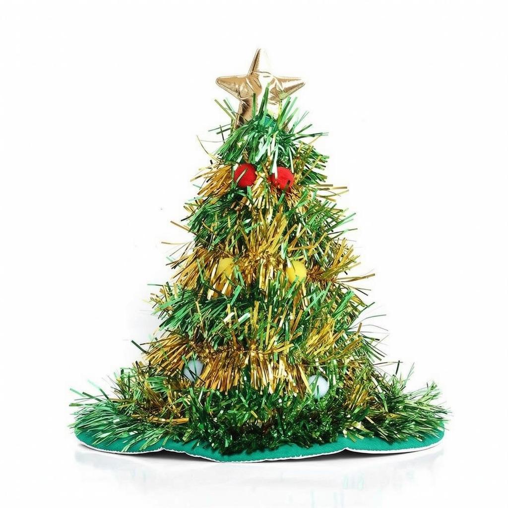 Christmas Tree Hat with Star Topper Festive Tinsel Whimsical for Holiday