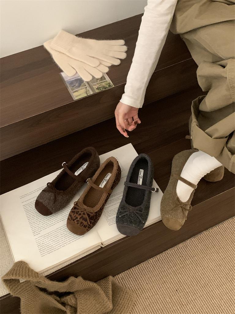 French Flat-bottomed Leopard Print Mary Jane Single Shoes Women's 2025 New Autumn and Winter Bow Versatile Velvet Ballet Shoes