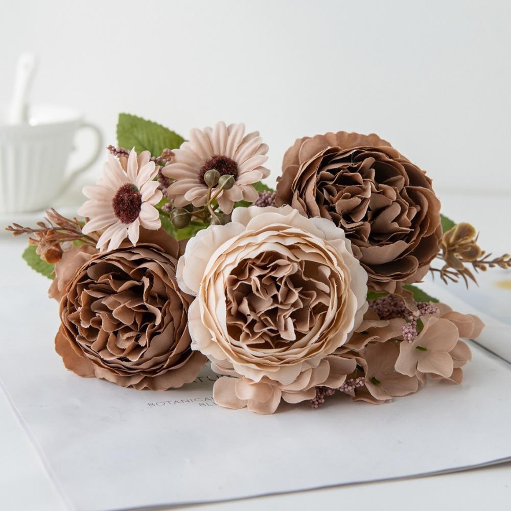 Outdoor Silk Artificial Flowers 5 Heads Bridal Bouquets Simulated Persian Peony Fake Flowers Gifts Box Decor