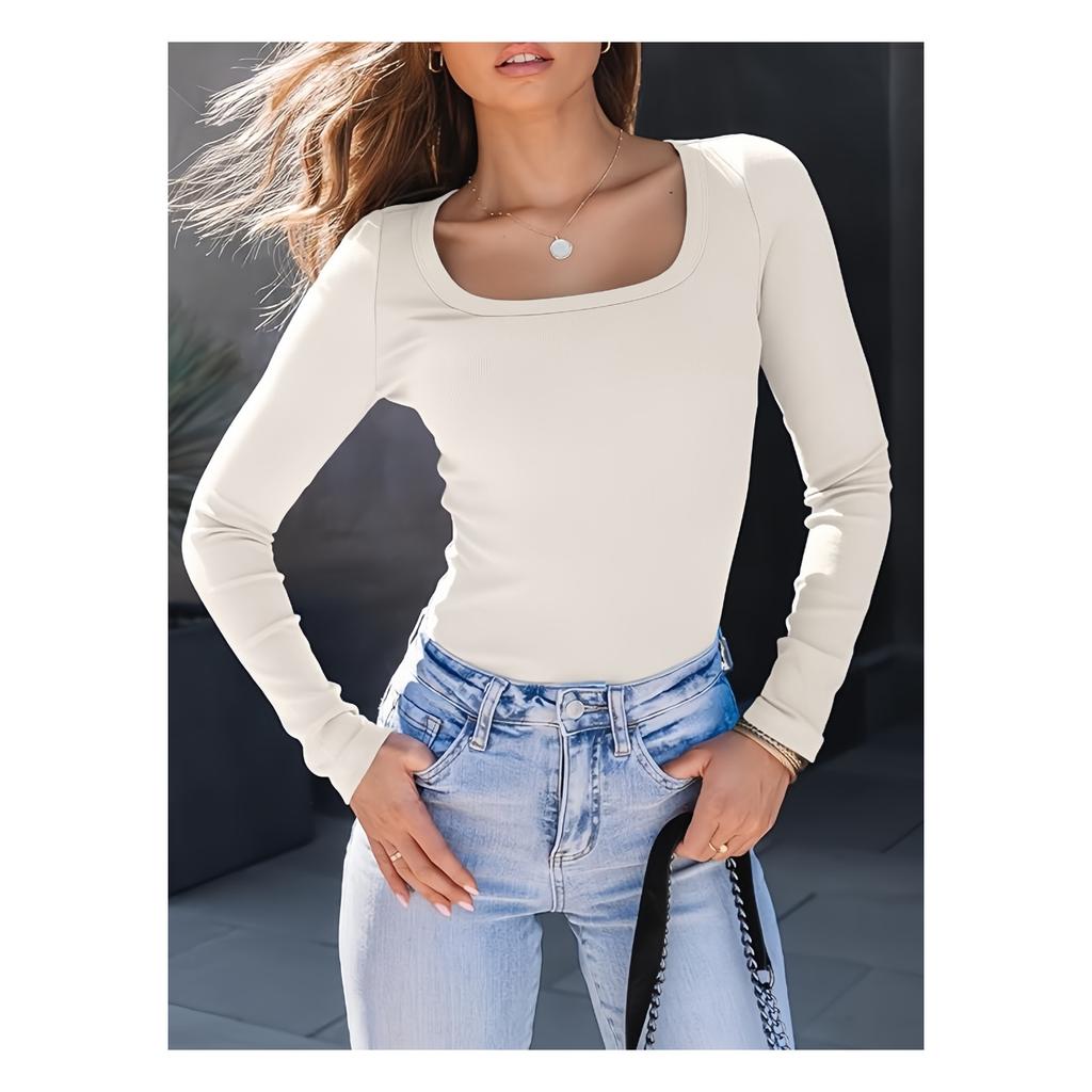 Top da Donna a Coste con Scollo Quadrato, Maglietta Base a Manica Lunga Slim Fit per Autunno Inverno Primavera, Crop Top Casual