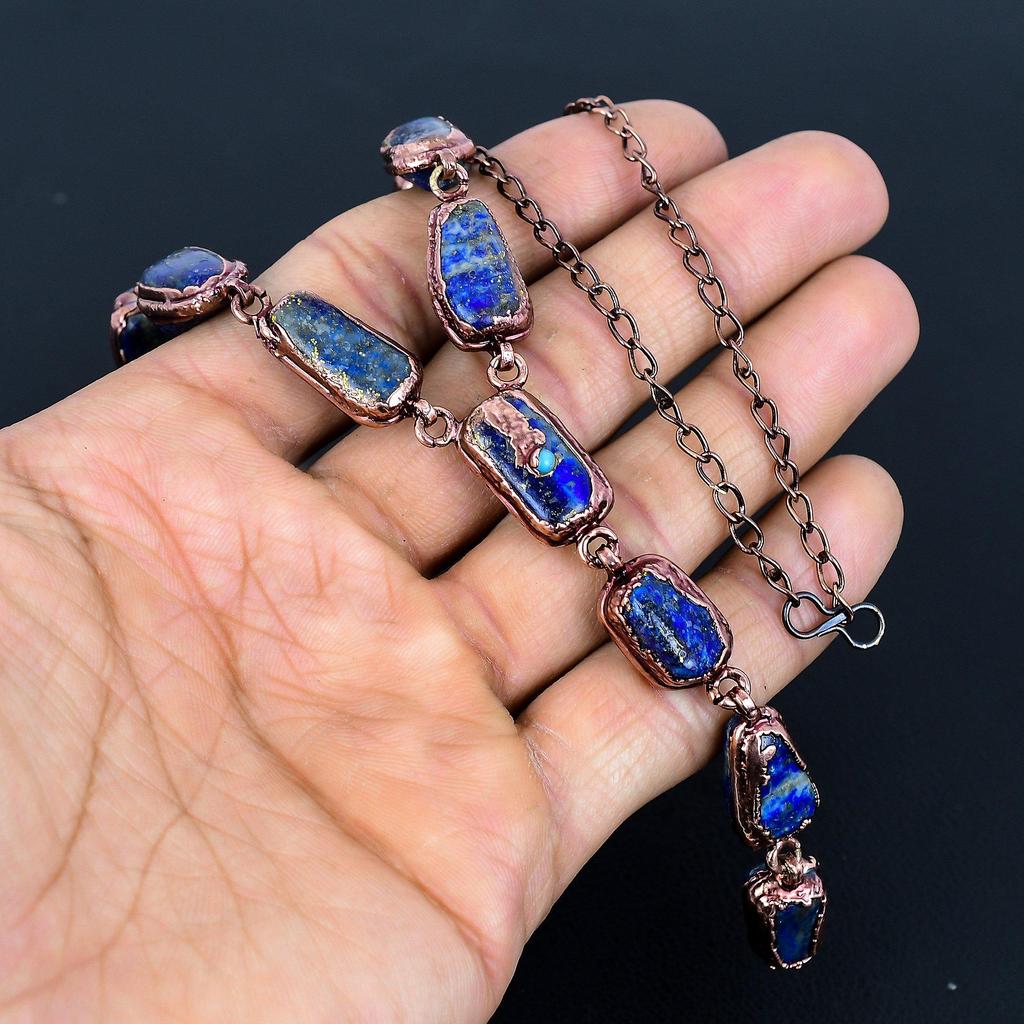 Lapis Lazuli Necklace Handmade Jewelry, Copper Electroformed Necklace Designer Gemstone Jewelry Adjustable Chain Necklace Gift For Mom