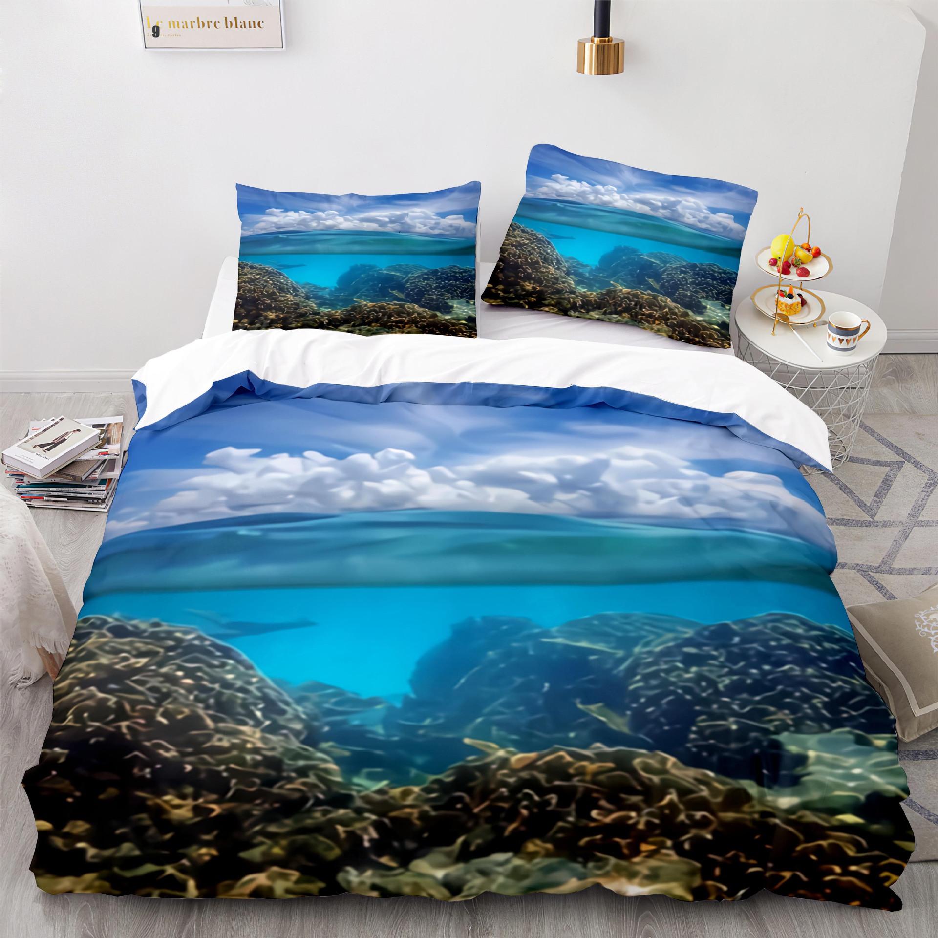 

Summer Beach Duvet Cover King Queen Ocean Bedding Set Hawaiian Palm Trees Marine Life Sea Waves Fish Polyester Comforter Cover 70x133cm 2pcs