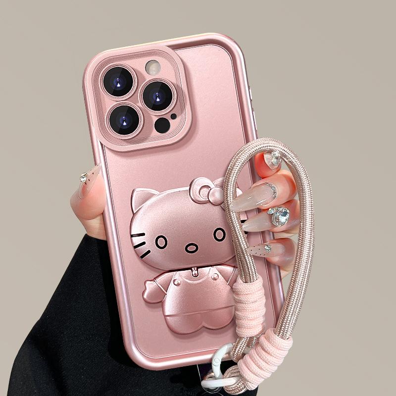 Pink cat mirror for iphone16 iPhone case 15 Frosted silicone 14 Premium sense 13 Lanyard female