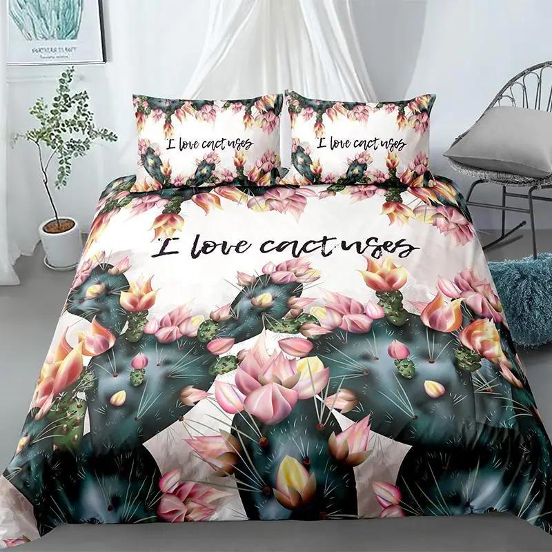 Cactus Duvet Cover Set Exotic Plant Prickly Pear Succulents Bedding Set Kids Teens I Love Cactus King Size Polyester Quilt Cover