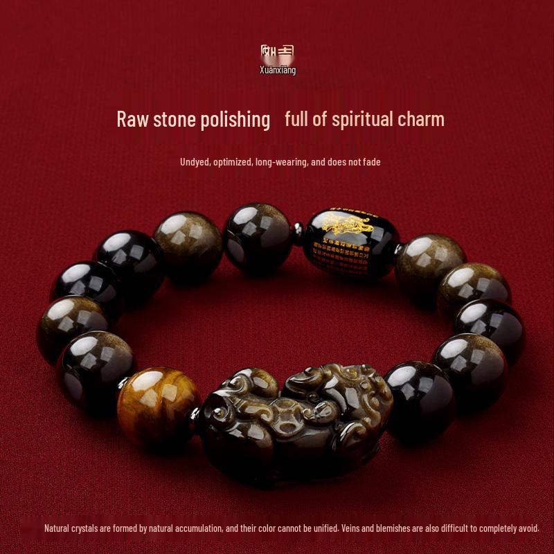 Pi Xiu Gold Obsidian & Tiger's Eye Bracelet with Heart Sutra - Year of the Snake Lucky Charm for Gifts