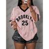 Oversized T Shirt For Women V-Neck Short Sleeve Summer Stripe Brooklyn No.25 Print Sports Tops Casual Football Jersey Y2k Tees