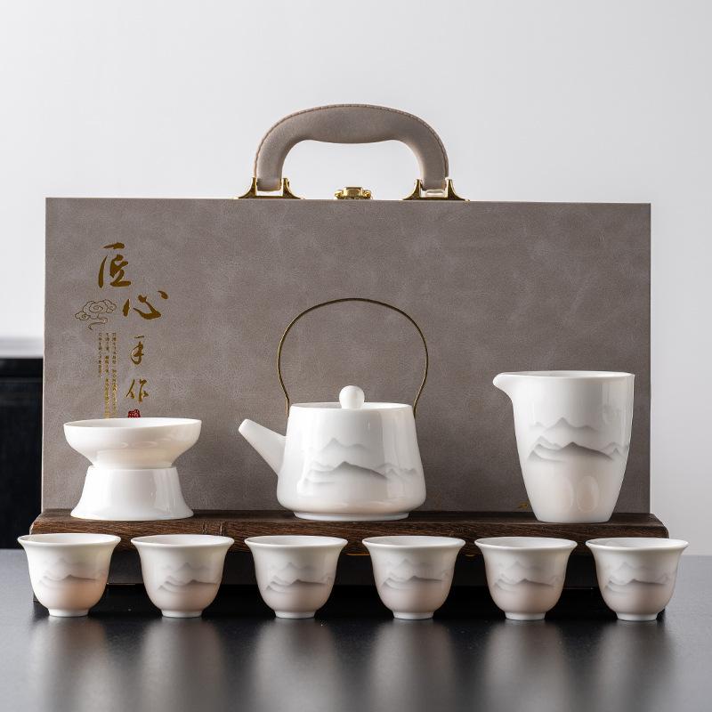 Suet Jade Light Luxury White Porcelain Kung Fu Tea Set, a Complete Set of Beam Pots, High-end Souvenir Gifts, Gift Boxes, Boutique Products