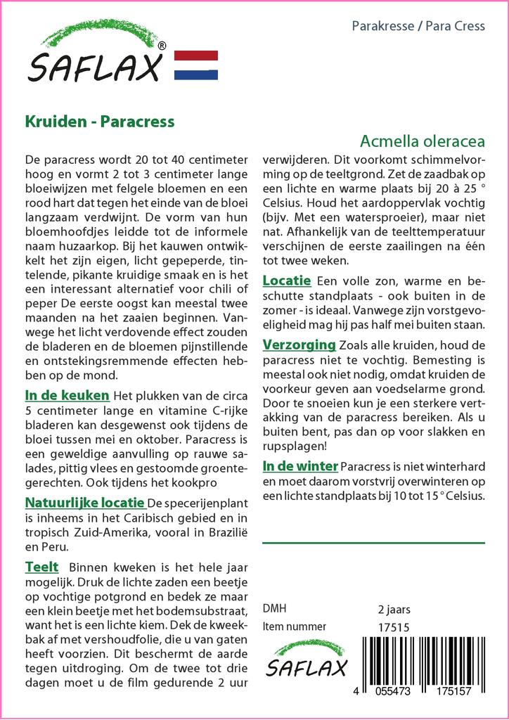 SAFLAX Dárková sada - Para Cress - 500 semen - S dárkovou krabičkou, kartou, štítkem a substrátem pro zalévání - Acmella oleracea