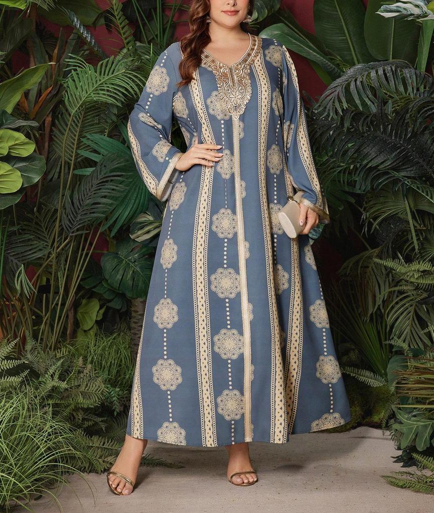 Bestseller: Orientalisches Patchwork-Blumenkleid in Übergröße, Elegantes Temperament, Frühjahrs-/Herbstmode