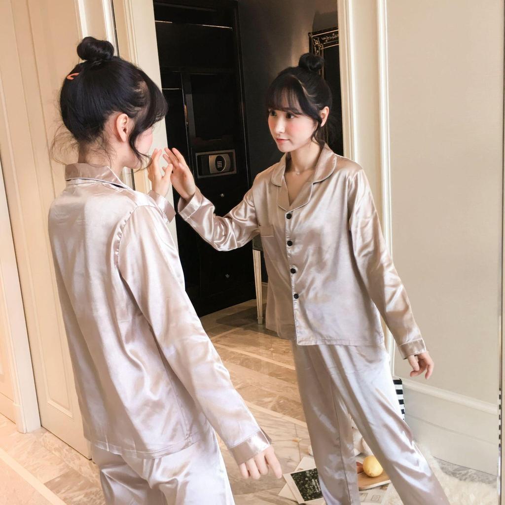 Langärmliges Pyjama-Set aus Seidenimitat mit Revers für Damen in Übergröße