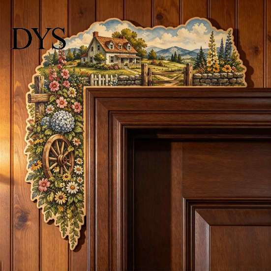 Country Style Wall Art Scenic Countryside Door Frame Corner Decor, Farmhouse Topper Sign, Wooden Scenery Interior Decor Sculpture, Rustic Floral Scene