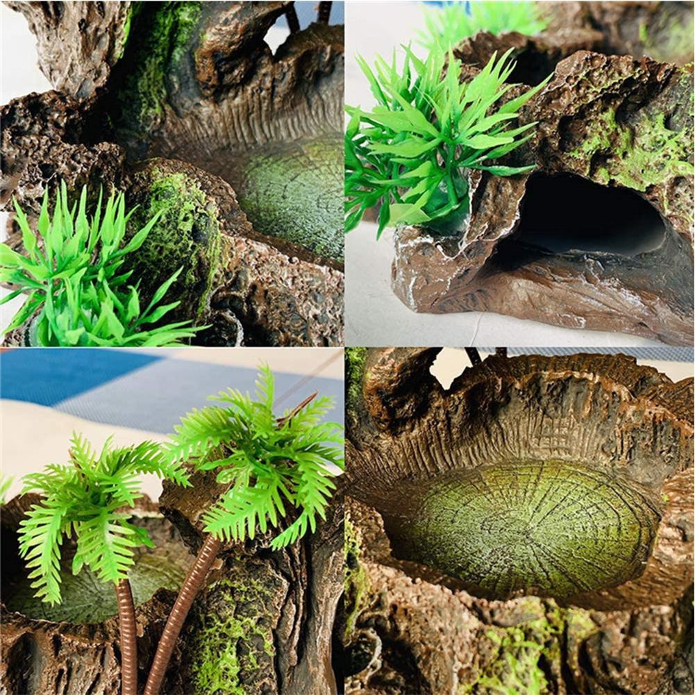 Reptile Food Feeding Bowl Water Dish Artificial Tree Trunk Moss Decor For Turtle Lizard Gecko Snake