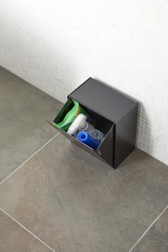 Yamazaki Wall-Mounted Toilet Pot & Storage Case, Black, Approx. W20.5 X D12.2 X H24cm, Tower-Style, Flap-Style, Small Item Storage, Trash Can (5430),