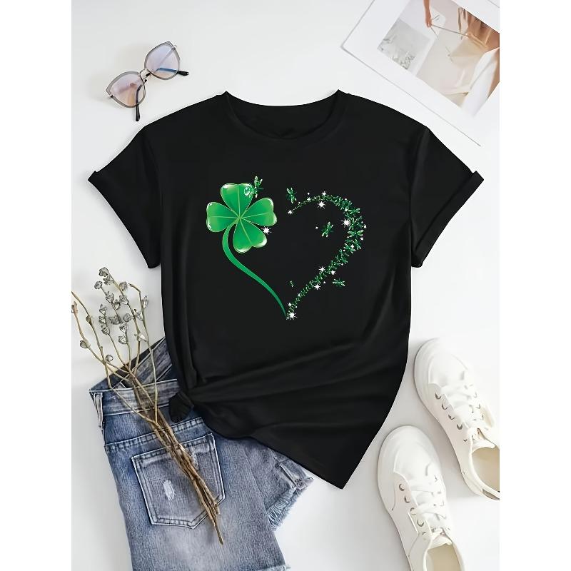 European Size Womens St Patricks Day Clover Valentines Heart Print T Shirt All Season Polyester Casual Round Neck Tee Machine Washable Fashion Top