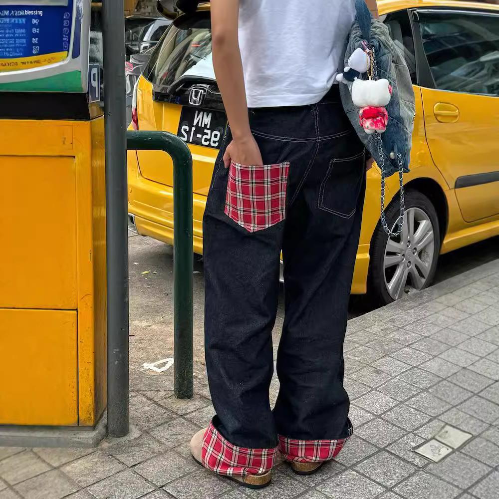 Męskie Jesienne Dżinsy w Kratę z Szerokimi Nogawkami, Podwinięte - Luksusowe, Luźne, Proste