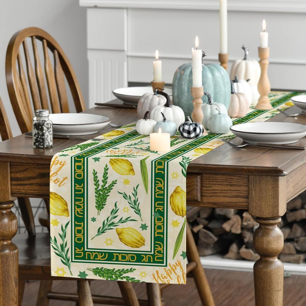 Happy Sukkot Linen Table Runner Dresser Scarves Decor Etrog Lulav Sukkah Kitchen Dining Table Runner Home Party Decorations