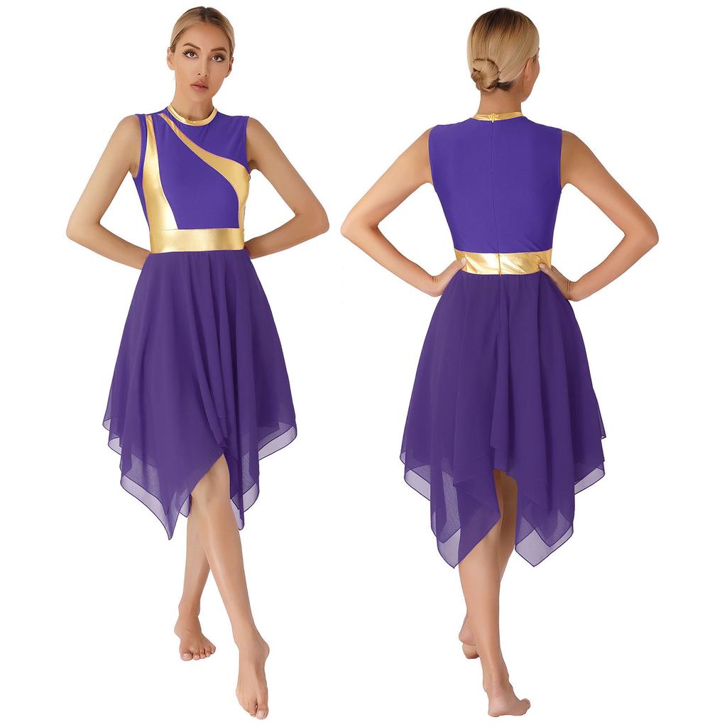 Womens Modern Lyrical Dance Costume Color Block Patchwork Sleeveless Irregular Hem Dress Dancewear