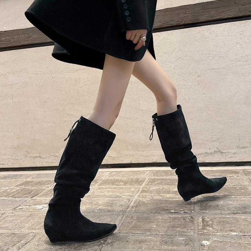 Wide tube big tube circumference black stacking boots women's autumn 2025 new round head wedge boots high boots