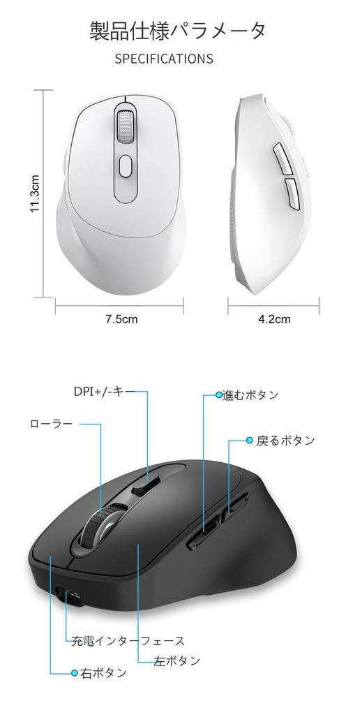 Mouse Wireless, 2.4G Bluetooth, Design Ergonomico, 80012001600 DPI, Alta Precisione, Risparmio Energetico, Ricaricabile, Funzionamento Silenzioso, Ideale per Lunghe