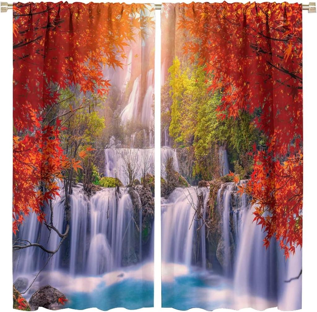 Blackout Red Forest Waterfall Windows Curtains Tree Landscape Woodland Scenic Nature Fall Scenery Art Printed Curtain Made Of Polyester Washable