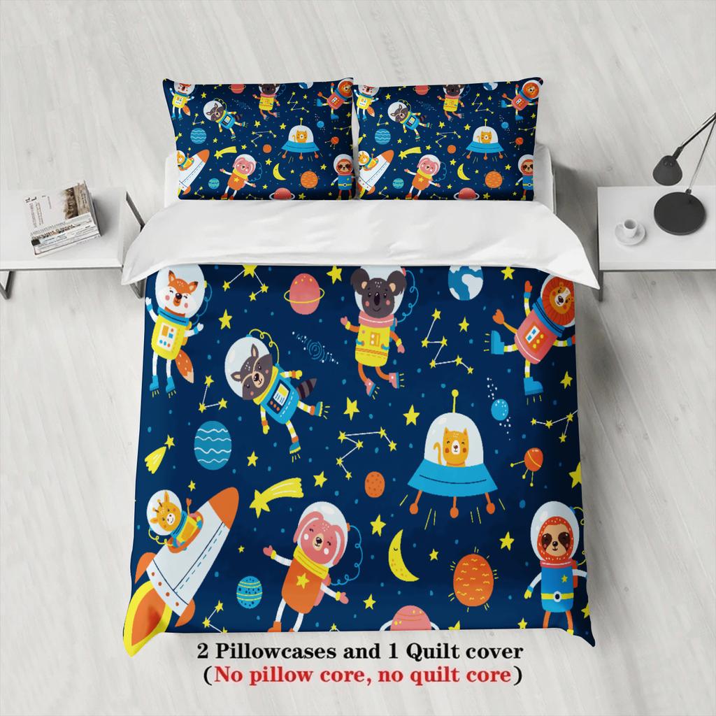 3pcs Cartoon Space Animals Bedding Sets Dormitory For Students 3D Printed Outer Space Theme Duvet Cover Sets With 2 Pillowcases