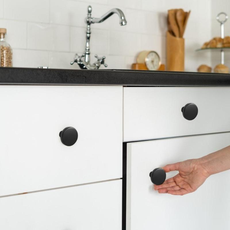 Black Round Drawer Knobs, Four Furniture Pull Handles with Screws and Screwdriver for Cupboard Updates, Wardrobes and Drawer Fronts