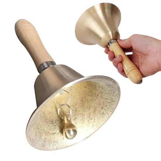 Loud Brass Handbell Hand Call Bell with Wooden Handle for Wedding Animal Training Dinner Meditation Musical Teaching Service
