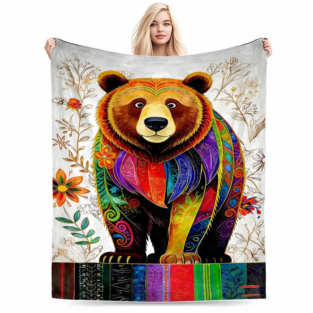 Colorful Bear Pattern blanket with Floral Design, Vibrant blanket, suitable for use in the bedroom, living room, on the sofa