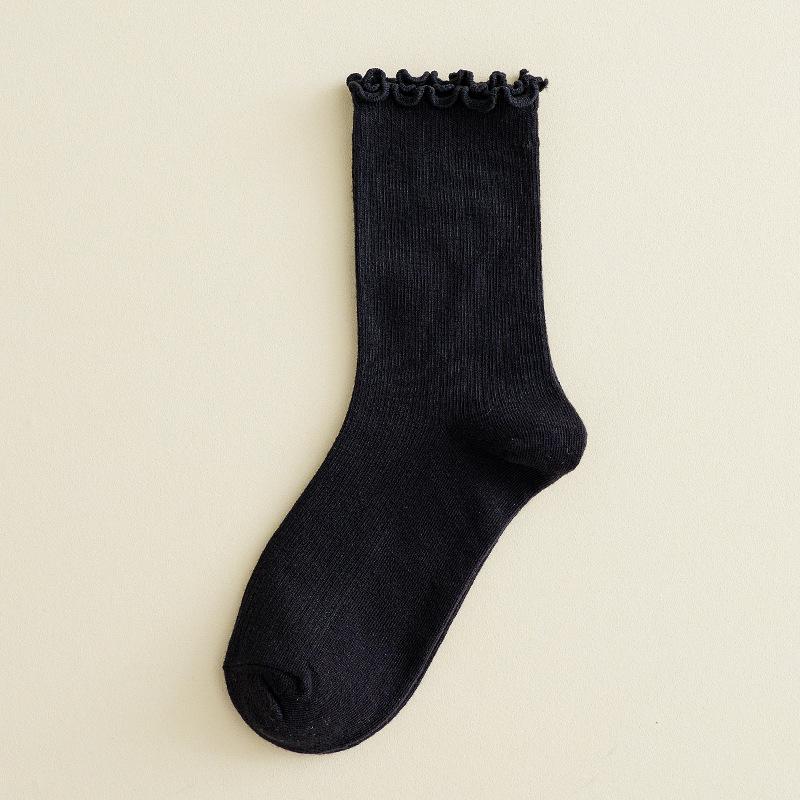 Women's Japanese Style Black Lace-Trimmed Mid-Calf Cotton Socks - Cute Slouchy Autumn/Winter Solid Color Trendy Long Socks.