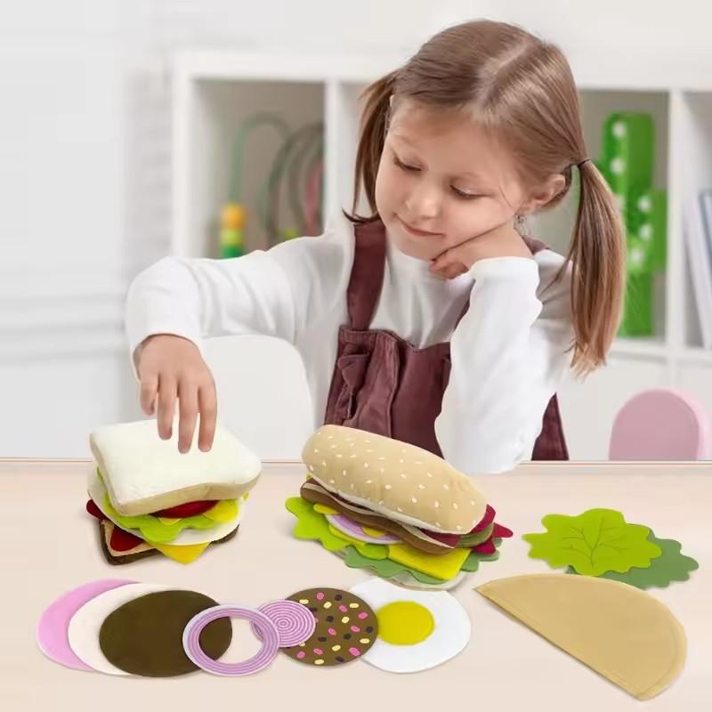 28PCS Felt Food Burger Sandwich Food Set Kids Montessori Preschool Educational Toy Kitchen Role Playing Gifts Plush Toy