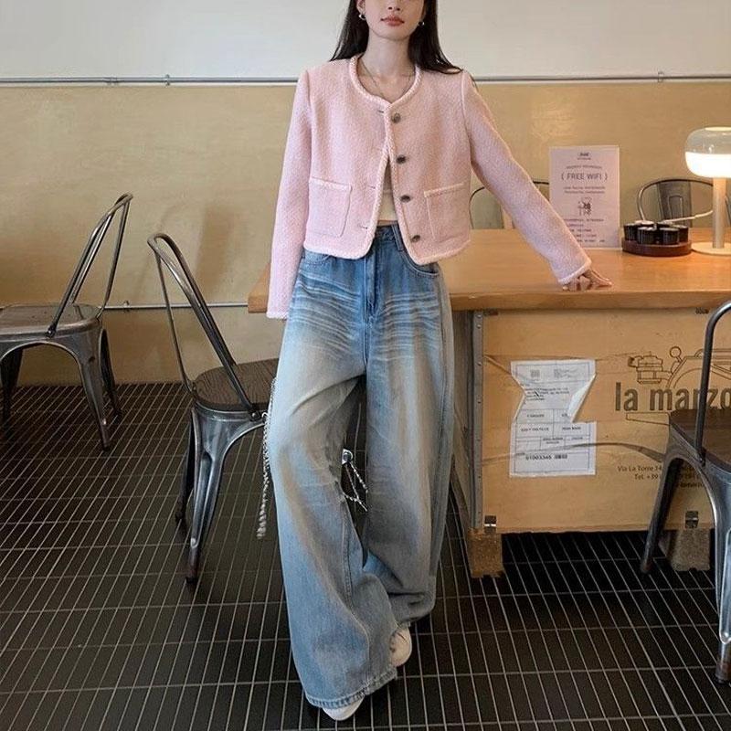 Rosa Kleine Duftjacke Damen Knopfdesign 2025 Frühjahrskleidung Locker Kurz Langärmeliges Oberteil