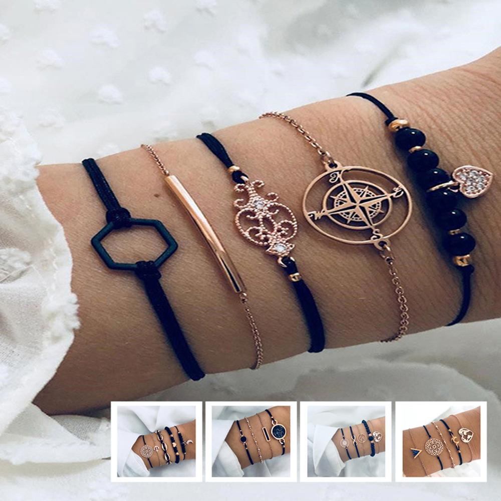 SUMENG Bohemian Black Beads Chain Bracelets Bangles For Women Fashion Heart Compass Rope   Sets Jewelry 2025 Gifts