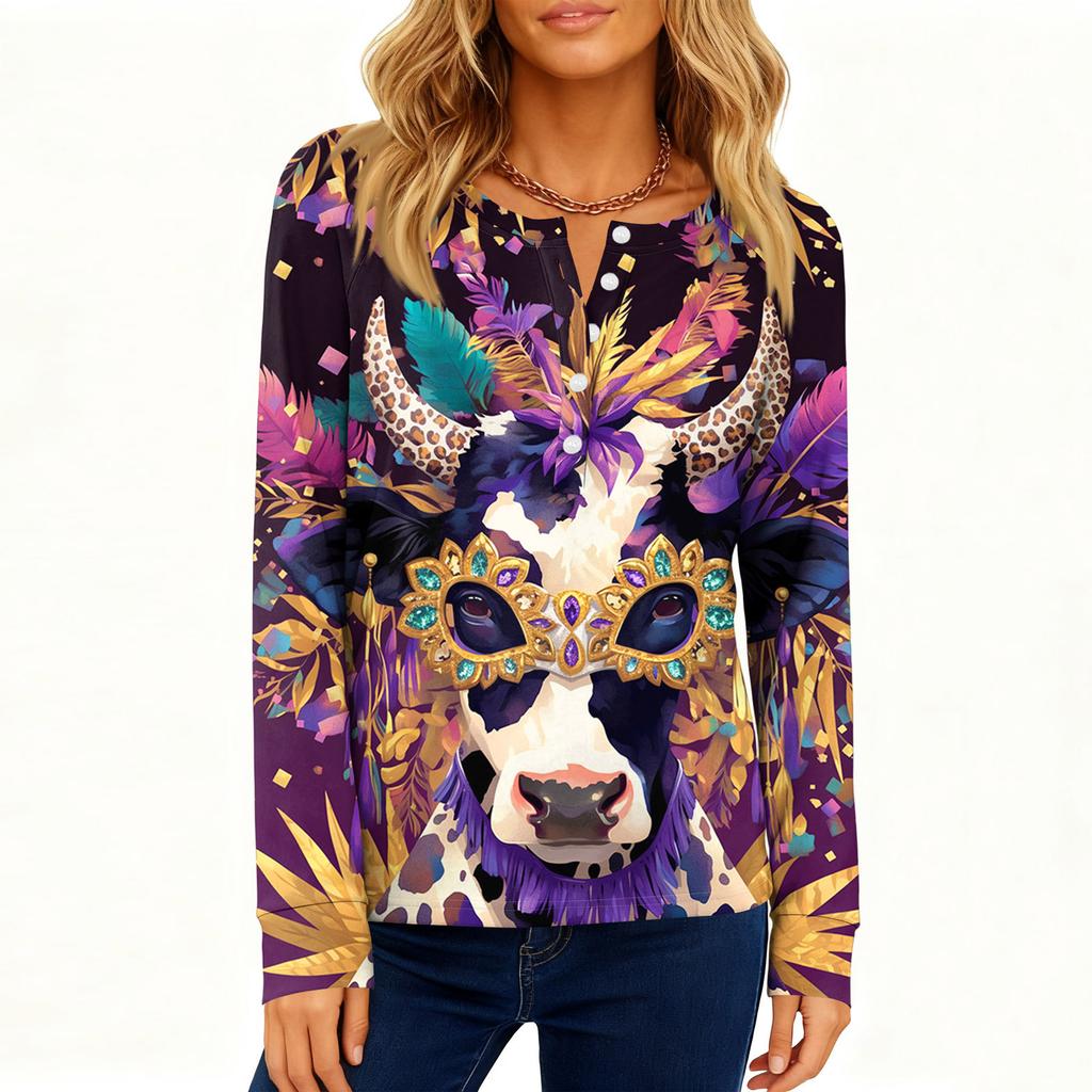 Women's Fashionable Loose Long Sleeved Carnival Printed Casual Top