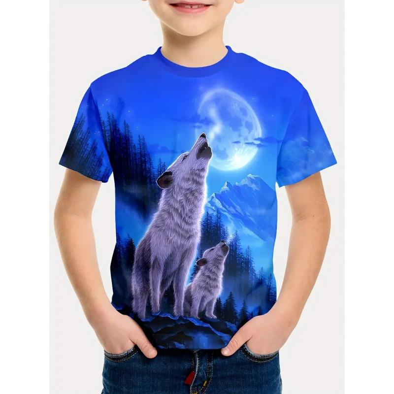 2024 Retro Wolf 3D tisk Top Tričko Módní tričko Zvířecí Dětské Chlapecké Oblečení Anime Krátký rukáv Běžné Dětské oblečení