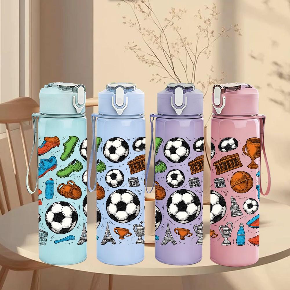 1PC Mixed Soccer Ball Seamless Print 750ml Color Plastic Sports Water Bottle Leakproof Flip Straw Lid Suitable for Sports Office Home Use