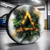 1pc Durable Polyester Triangular Geometric Car Tire Storage Bag - Stylish Black With Tropical Leaf & Flame Design, Perfect For G