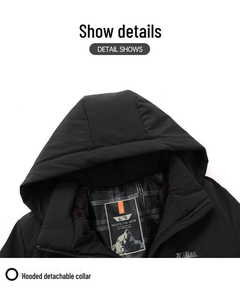 Men's Winter Cotton Jacket with Detachable Hood, Cold-proof and Warm Outerwear for Middle-aged and Elderly, Plus Velvet Lining.