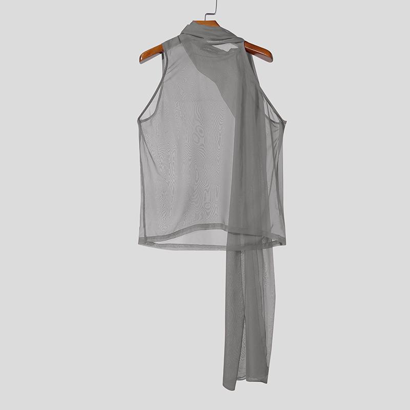 INCERUN Men Tie Neck Sleeveless See Through Mesh Sheer Party Club Tank Tops