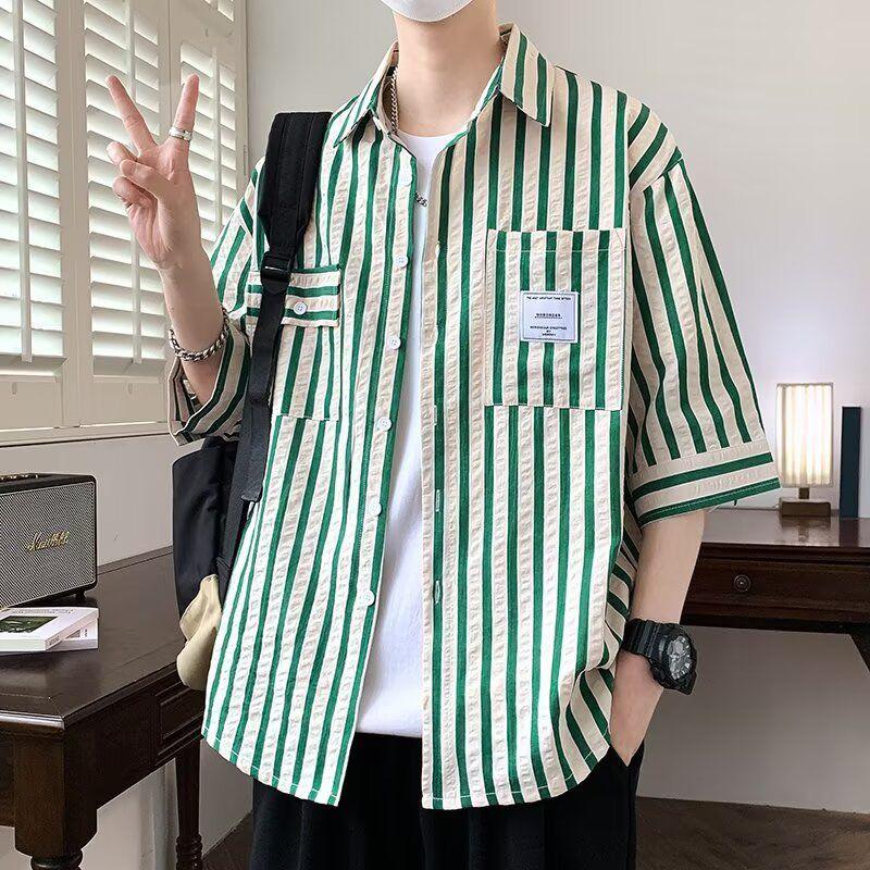 Men's Striped Short Sleeve Summer Youth New Fashion Lapel Casual Five Minutes Shirt Lightweight Breathable