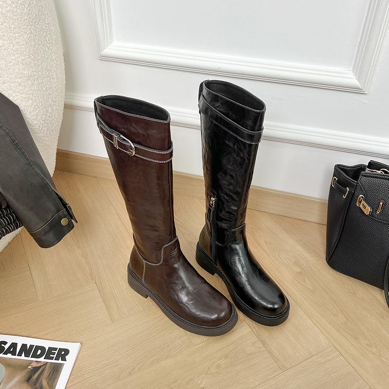 Thick-Soled Knight Boots Women'S Leather Boots But Knee Boots Black Boots Advanced Sense Thin Autumn And Winter Martin Boots Cool