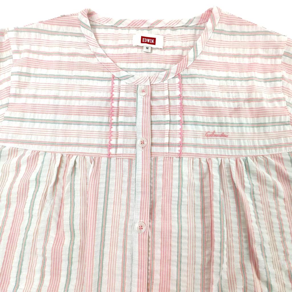 Takihyo EDWIN Long Sleeve Pajama Soccer Check and Stripe Shirt Pink Size L Women's Set, 100% Cotton, Pattern, Open-Front Pajamas, Stripe,