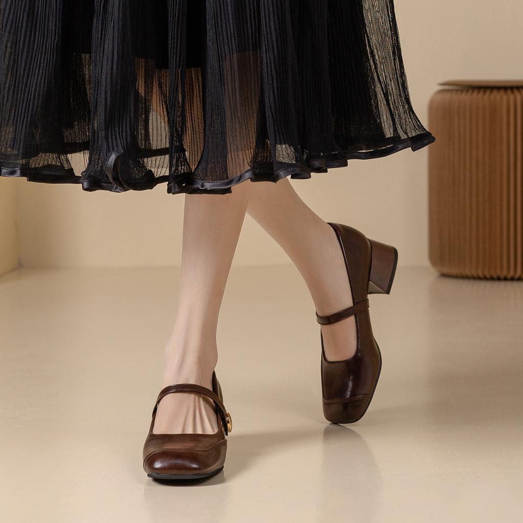 Square head thick heel shallow mouth Mary Jane shoes children's 2025 spring new one-word with small fragrant style retro French single shoes