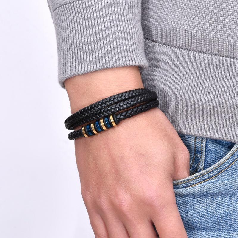 Hot Selling Gold-plated Stainless Steel Black Leather Bracelet, Hand Woven Magnetic Buckle, Men's Multi-layer Leather Bracelet
