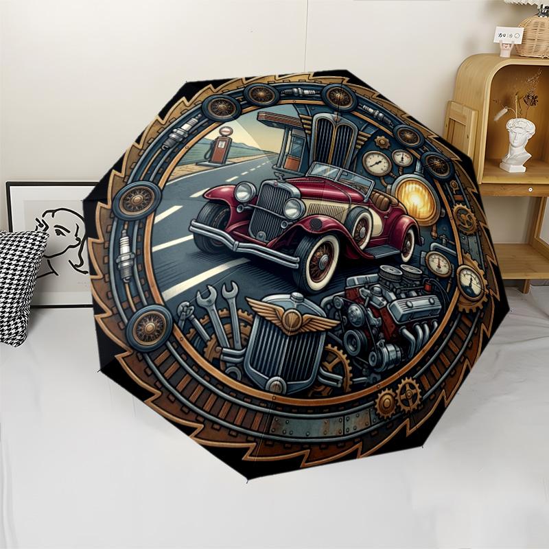Steampunk Classic Road Trip Pattern Umbrella, Portable and Foldable Design, 8 Ribs, a Casual Accessory for Halloween, Christmas, and Birthday Gifts.