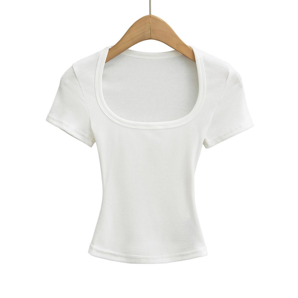 Summer Square Collar High Elastic Crop Top Ladies Short-sleeved Sexy Top Slim Pullover Bottoming Shirt