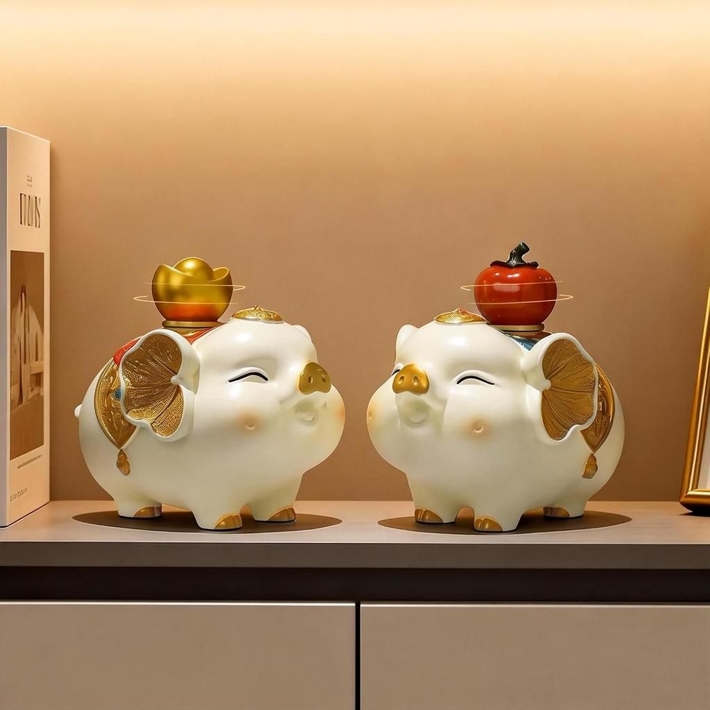 Aris & Juno A Pair of Lucky Pig Figurine - Resin Fortune Pig Statues with Golden Accents for Home Decor & Good Luck