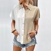 Contrast Blouse Collar Breasted Loose Casual Polo Short Sleeve Single Top Summer Women